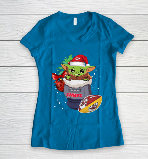 Kansas City Chiefs Christmas Baby Yoda Star Wars Funny Happy NFL Women's V-Neck T-Shirt 7