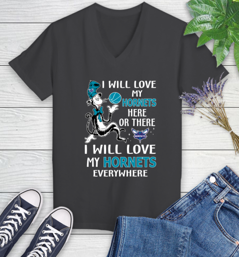 NBA Basketball Charlotte Hornets I Will Love My Hornets Everywhere Dr Seuss Shirt Women's V-Neck T-Shirt 6