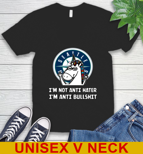 Seattle Mariners MLB Baseball Unicorn I'm Not Anti Hater I'm Anti Bullshit V-Neck T-Shirt 2