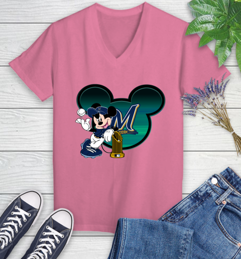 MLB Milwaukee Brewers The Commissioner's Trophy Mickey Mouse Disney Women's V-Neck T-Shirt 13