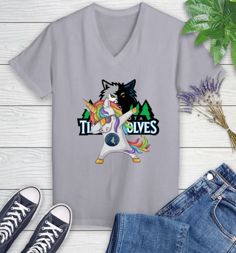 Minnesota Timberwolves NBA Basketball Funny Unicorn Dabbing Sports Women's V-Neck T-Shirt 4