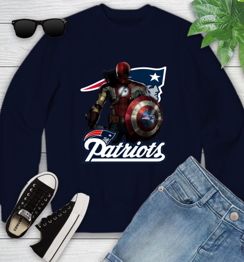 NFL Captain America Thor Spider Man Hawkeye Avengers Endgame Football New England Patriots Youth Sweatshirt 3