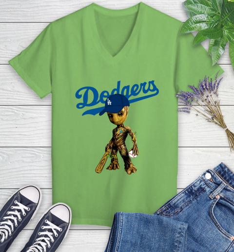 MLB Los Angeles Dodgers Groot Guardians Of The Galaxy Baseball Women's V-Neck T-Shirt 11