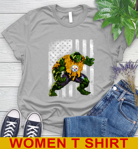 Pittsburgh Steelers Hulk Marvel Avengers NFL Football American Flag Women's T-Shirt 5
