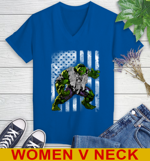 Brooklyn Nets Hulk Marvel Avengers NBA Basketball American Flag Women's V-Neck T-Shirt 9
