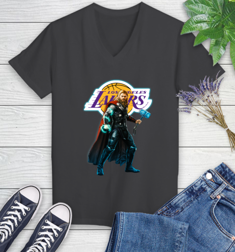 NBA Thor Avengers Endgame Basketball Los Angeles Lakers Women's V-Neck T-Shirt 8