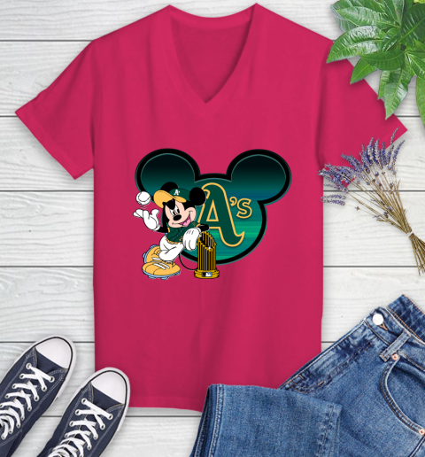 MLB Oakland Athletics The Commissioner's Trophy Mickey Mouse Disney Women's V-Neck T-Shirt 9