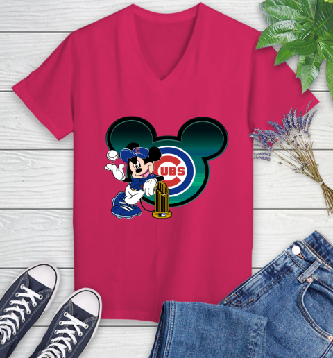 MLB Chicago Cubs The Commissioner's Trophy Mickey Mouse Disney Women's V-Neck T-Shirt 9