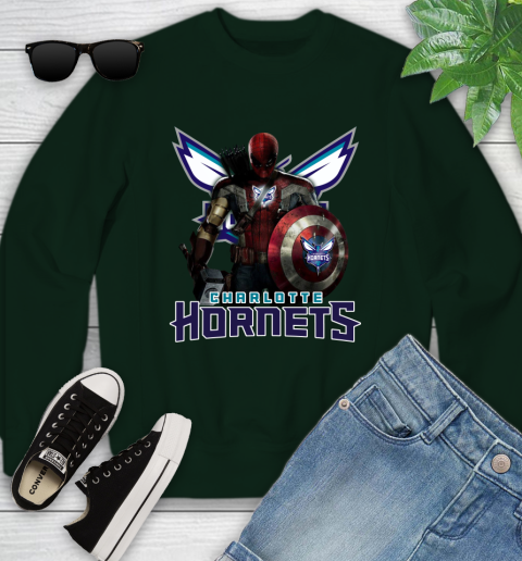 Charlotte Hornets NBA Basketball Captain America Thor Spider Man Hawkeye Avengers Youth Sweatshirt 10