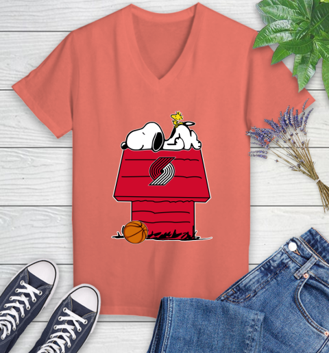 Portland Trail Blazers NBA Basketball Snoopy Woodstock The Peanuts Movie Women's V-Neck T-Shirt 7 Portland Trail Blazers NBA Basketball Snoopy Woodstock The Peanuts Movie Women's V-Neck T-Shirt - Image 7