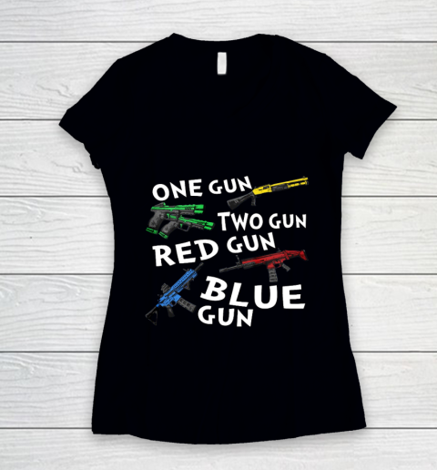 One Gun Two Gun Red Gun Blue Gun Women's V-Neck T-Shirt