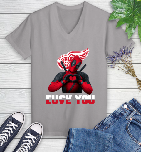 NHL Detroit Red Wings Deadpool Love You Fuck You Hockey Sports Women's V-Neck T-Shirt 4
