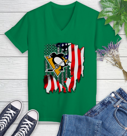 Pittsburgh Penguins NHL Hockey American Flag Women's V-Neck T-Shirt 5