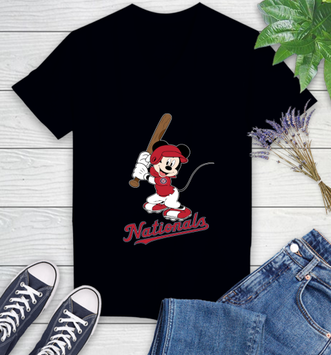 MLB Baseball Washington Nationals Cheerful Mickey Mouse Shirt Women's V-Neck T-Shirt
