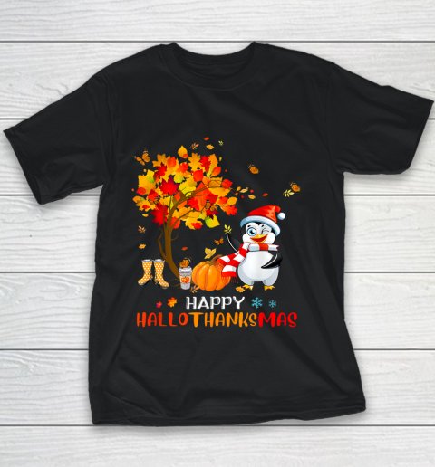 Penguin Halloween And Merry Christmas Happy Hallothanksmas Funny Youth T-Shirt