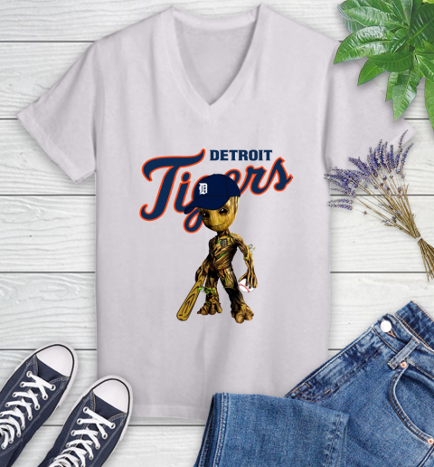 MLB Detroit Tigers Groot Guardians Of The Galaxy Baseball Women's V-Neck T-Shirt
