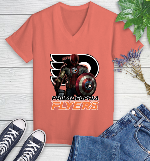 NHL Captain America Thor Spider Man Hawkeye Avengers Endgame Hockey Philadelphia Flyers Women's V-Neck T-Shirt 6