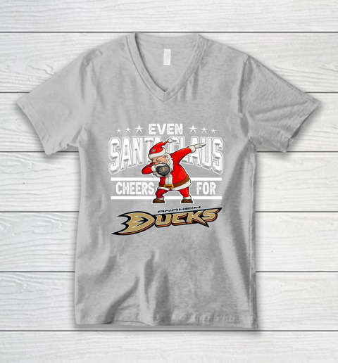 Anaheim Ducks Even Santa Claus Cheers For Christmas NHL V-Neck T-Shirt 3