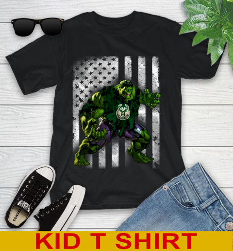 Milwaukee Bucks Hulk Marvel Avengers NBA Basketball American Flag Youth T-Shirt