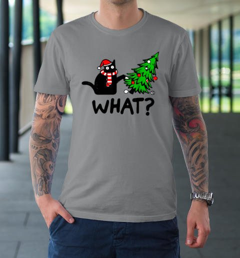 Funny Black Cat Gift Pushing Christmas Tree Over Cat What T-Shirt 3