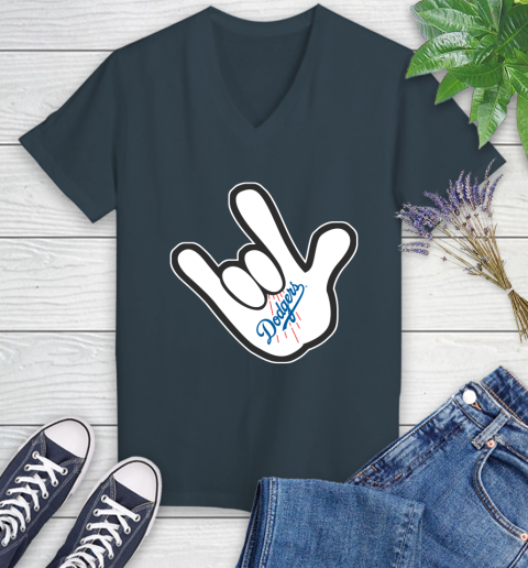 Los Angeles Dodgers MLB Baseball Mickey Rock Hand Disney Women's V-Neck T-Shirt 8
