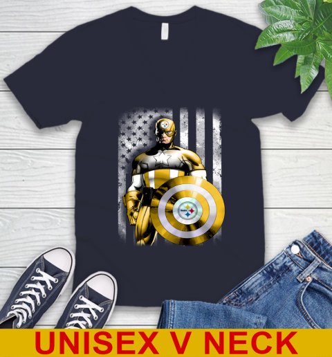 Pittsburgh Steelers NFL Football Captain America Marvel Avengers American Flag Shirt V-Neck T-Shirt 2