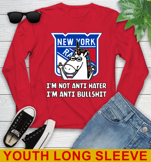 New York Rangers NHL Hockey Unicorn I'm Not Anti Hater I'm Anti Bullshit Youth Long Sleeve 11