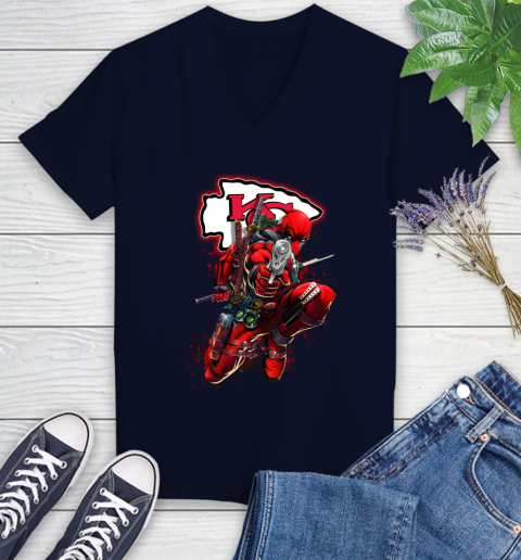 NFL Deadpool Marvel Comics Sports Football Kansas City Chiefs Women's V-Neck T-Shirt 3