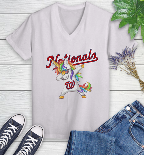 Washington Nationals MLB Baseball Funny Unicorn Dabbing Sports Women's V-Neck T-Shirt