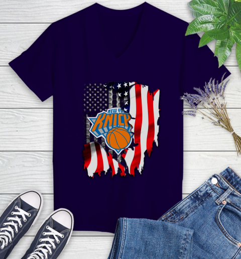 New York Knicks NBA Basketball American Flag Women's V-Neck T-Shirt 3