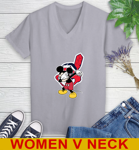 Cleveland Indians MLB Baseball Dabbing Mickey Disney Sports Women's V-Neck T-Shirt 5
