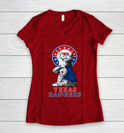 MLB Baseball My Cat Loves Texas Rangers Women's V-Neck T-Shirt 8