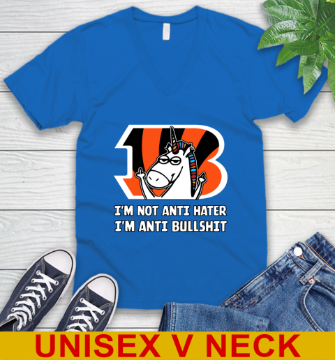 Cincinnati Bengals NFL Football Unicorn I'm Not Anti Hater I'm Anti Bullshit V-Neck T-Shirt 6