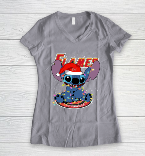 Calgary Flames NHL Hockey noel stitch Christmas Women's V-Neck T-Shirt 2