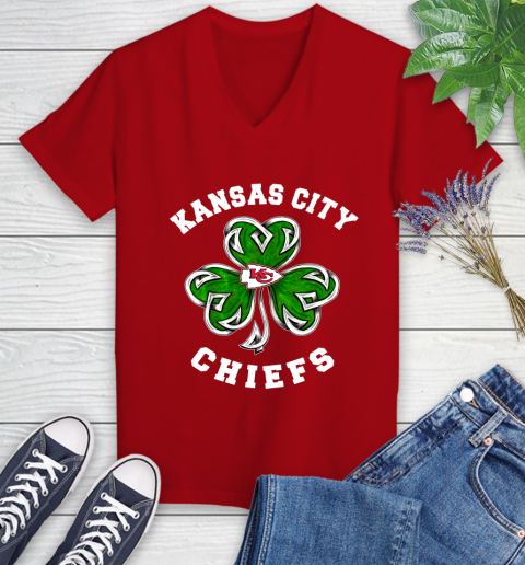 NFL Kansas City Chiefs Three Leaf Clover St Patrick's Day Football Sports Women's V-Neck T-Shirt 11