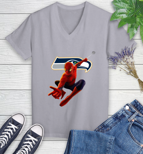 NFL Spider Man Avengers Endgame Football Seattle Seahawks Women's V-Neck T-Shirt 4