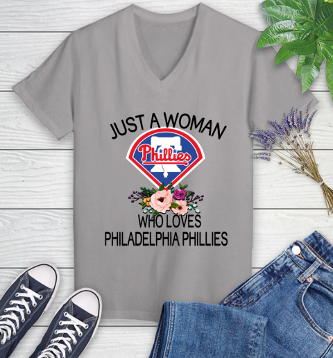 MLB Just A Woman Who Loves Philadelphia Phillies Baseball Sports Women's V-Neck T-Shirt 2