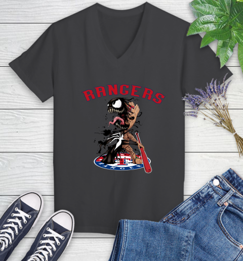 MLB Texas Rangers Baseball Venom Groot Guardians Of The Galaxy Women's V-Neck T-Shirt 8