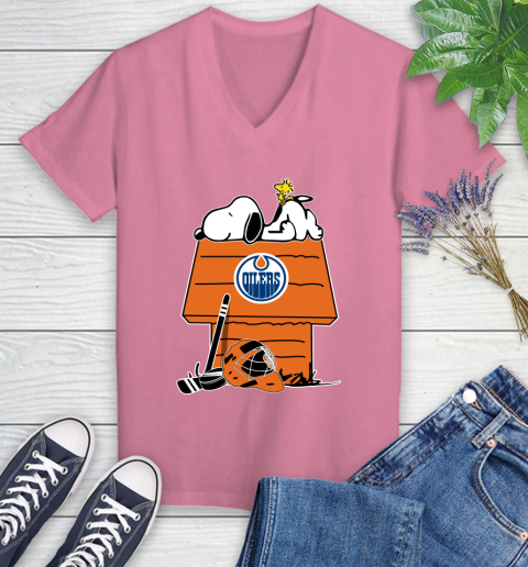 Edmonton Oilers NHL Hockey Snoopy Woodstock The Peanuts Movie Women's V-Neck T-Shirt 13