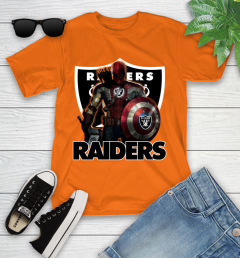 NFL Captain America Thor Spider Man Hawkeye Avengers Endgame Football Oakland Raiders Youth T-Shirt 7