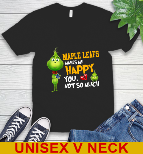 NHL Toronto Maple Leafs Makes Me Happy You Not So Much Grinch Hockey Sports V-Neck T-Shirt