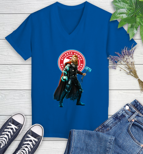 NBA Thor Avengers Endgame Basketball Atlanta Hawks Women's V-Neck T-Shirt 10