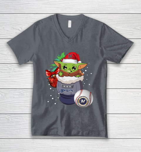 Milwaukee Brewers Christmas Baby Yoda Star Wars Funny Happy MLB V-Neck T-Shirt 5