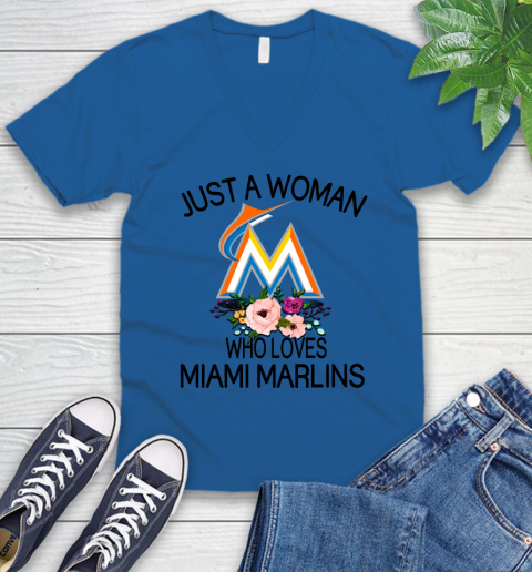 MLB Just A Woman Who Loves Miami Marlins Baseball Sports V-Neck T-Shirt 3