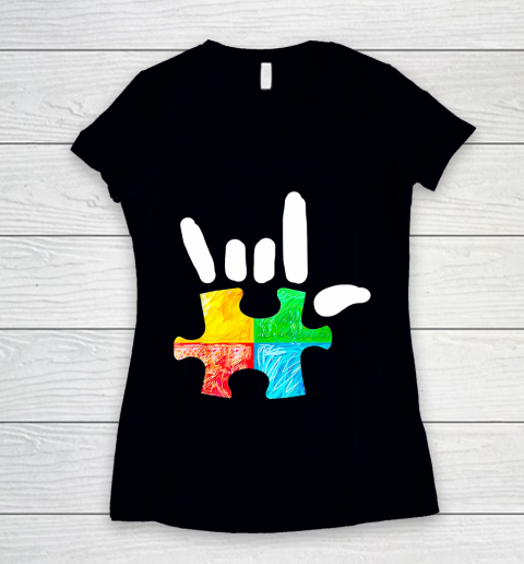 Autism Awareness Hand Rock and Roll Puzzle Pieces Tie Dye Style Women's V-Neck T-Shirt