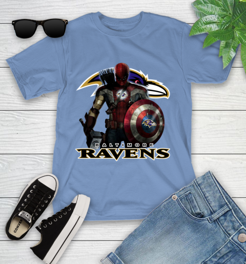 NFL Captain America Thor Spider Man Hawkeye Avengers Endgame Football Baltimore Ravens Youth T-Shirt 11