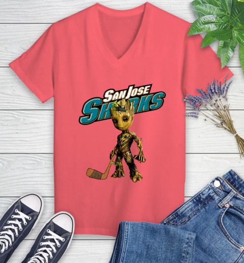 San Jose Sharks NHL Hockey Groot Marvel Guardians Of The Galaxy Women's V-Neck T-Shirt 6