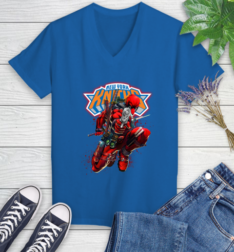 NBA Deadpool Marvel Comics Sports Basketball New York Knicks Women's V-Neck T-Shirt 10