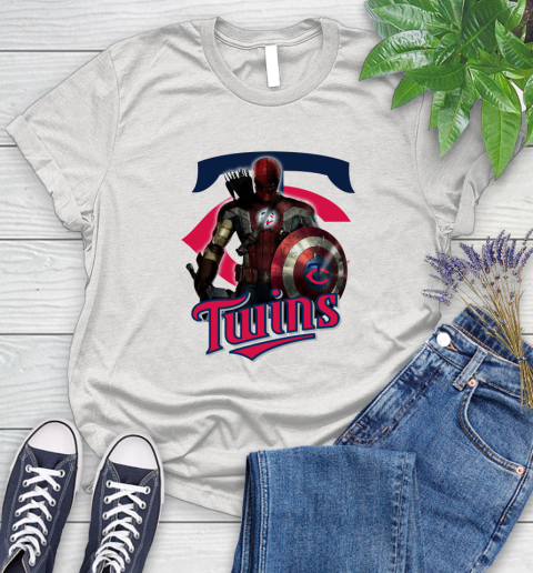 MLB Captain America Thor Spider Man Hawkeye Avengers Endgame Baseball Minnesota Twins Women's T-Shirt