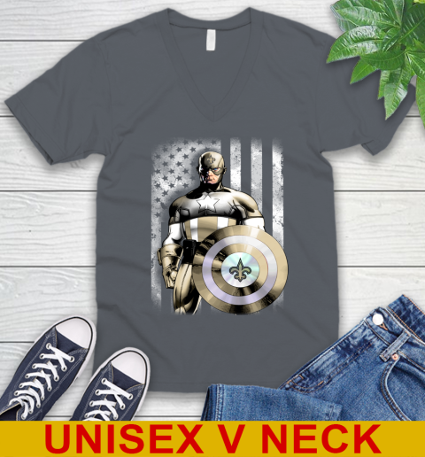 New Orleans Saints NFL Football Captain America Marvel Avengers American Flag Shirt V-Neck T-Shirt 4